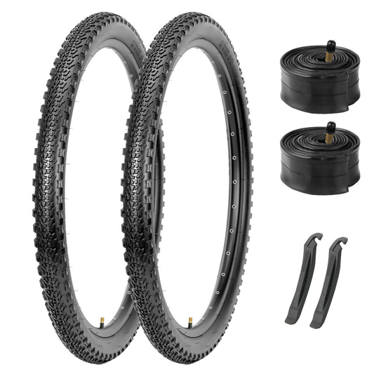 Hycline Rávos mountain bike tire complete set white background, 2 pack foldable MTB tires + 2 Schrader valve inner tubes + 2 tire levers, 26/27.5/29 x2.10 inch bicycle replacement kit