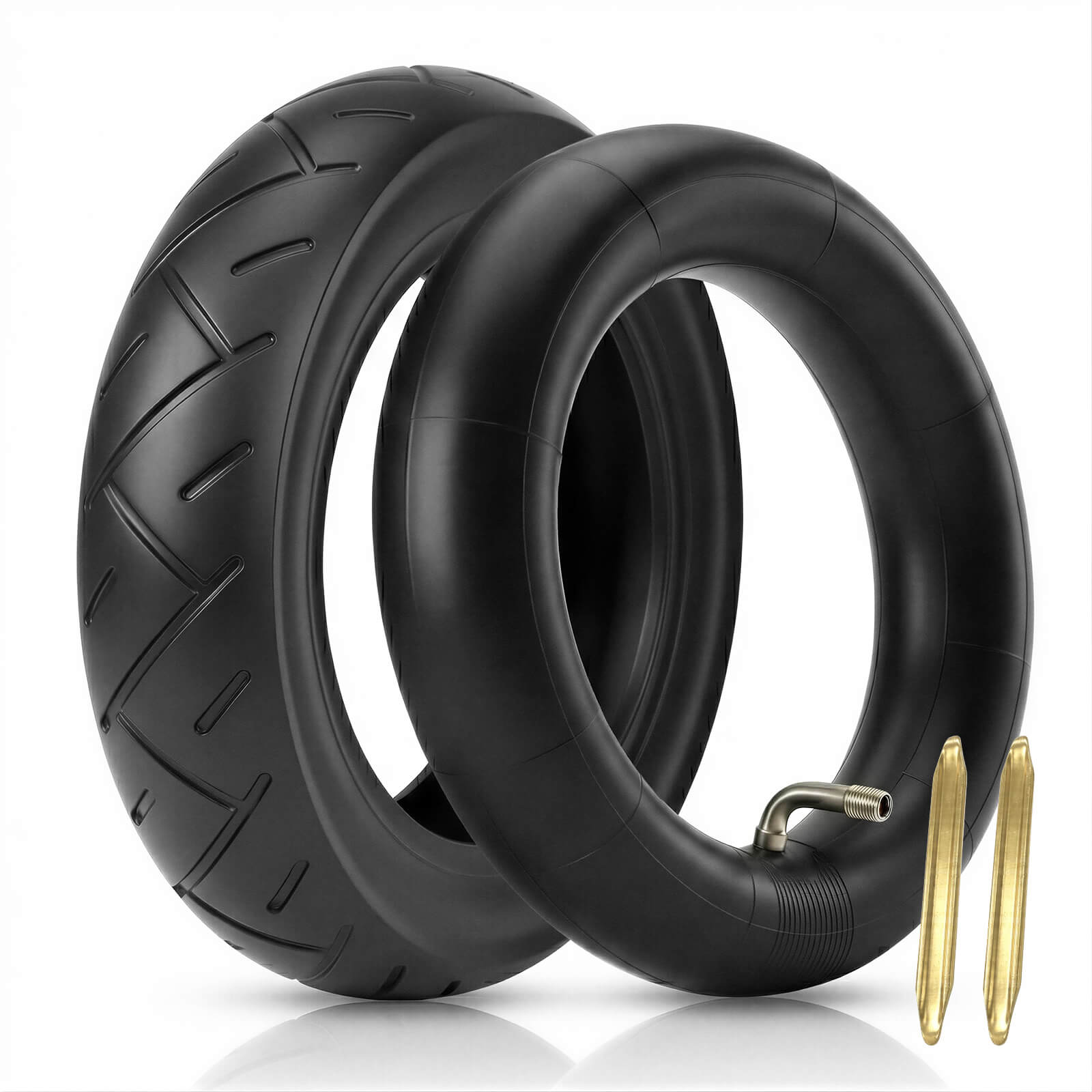 Hycline 10x2.5" e-scooter tire. 60/70-6.5 scooter inner tube and outer tire set, with 90° Bent Valve and 2 Tire Levers