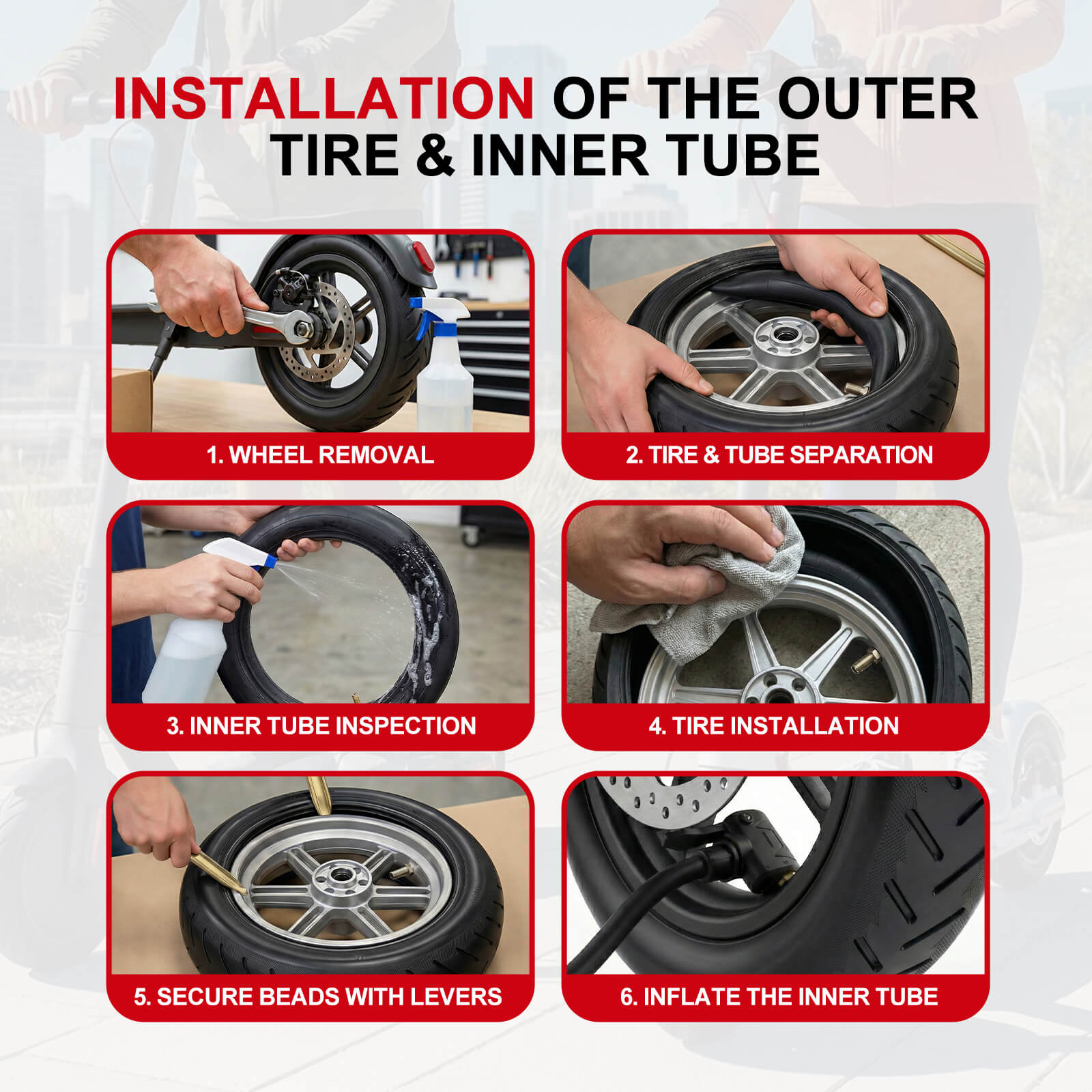 How to install tires and inflate inner tubes on a scooter?