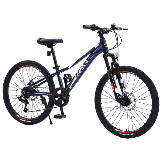 HYCLINE 24 Inch Mountain Bike Shimano 7-Speed Aluminum Frame Bike with Dual Disc Brake for Boys Girl - Navy Blue