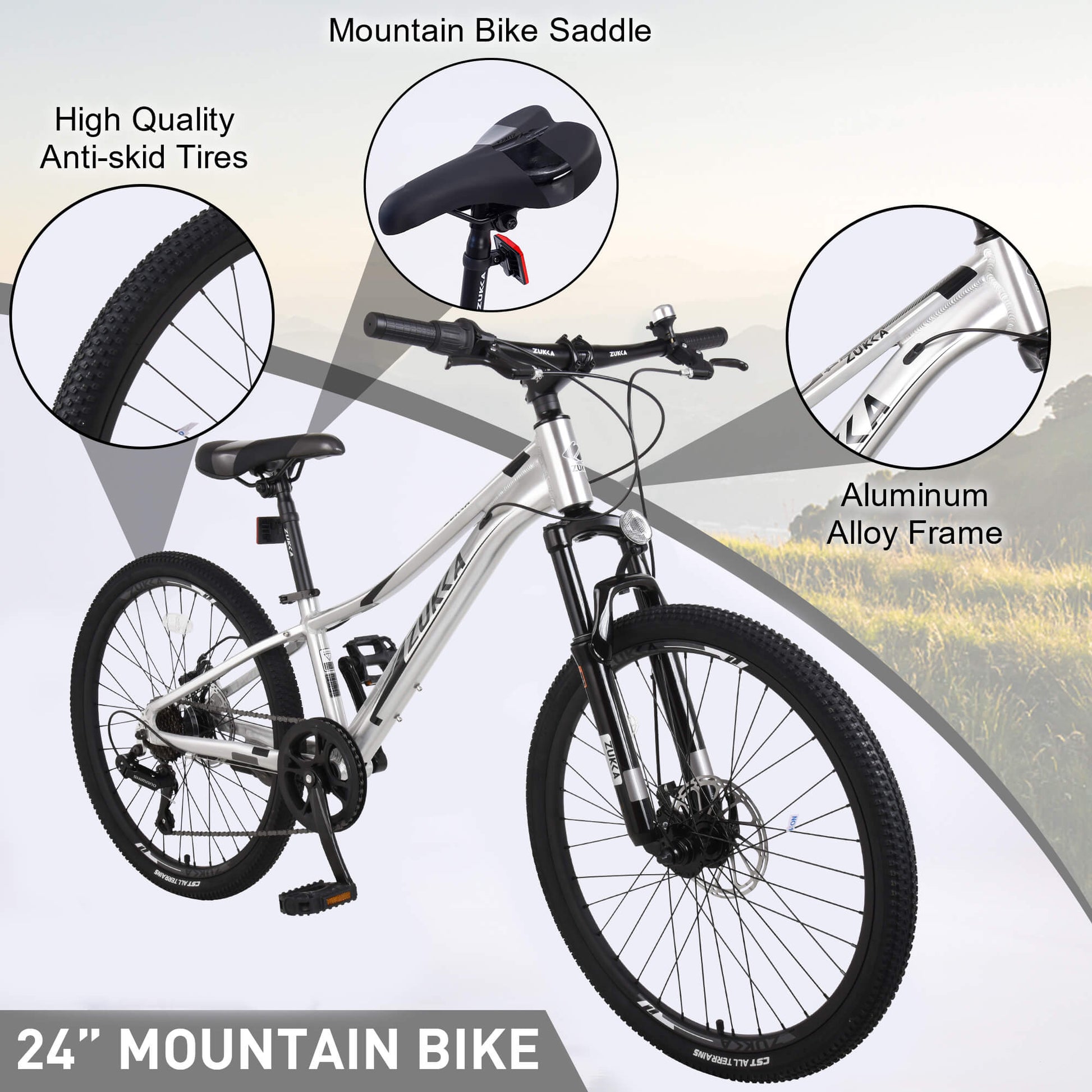 Hycline 24”×2.1" Dynamic Mountain Bike For Youth And Adults Color Silver For Kids