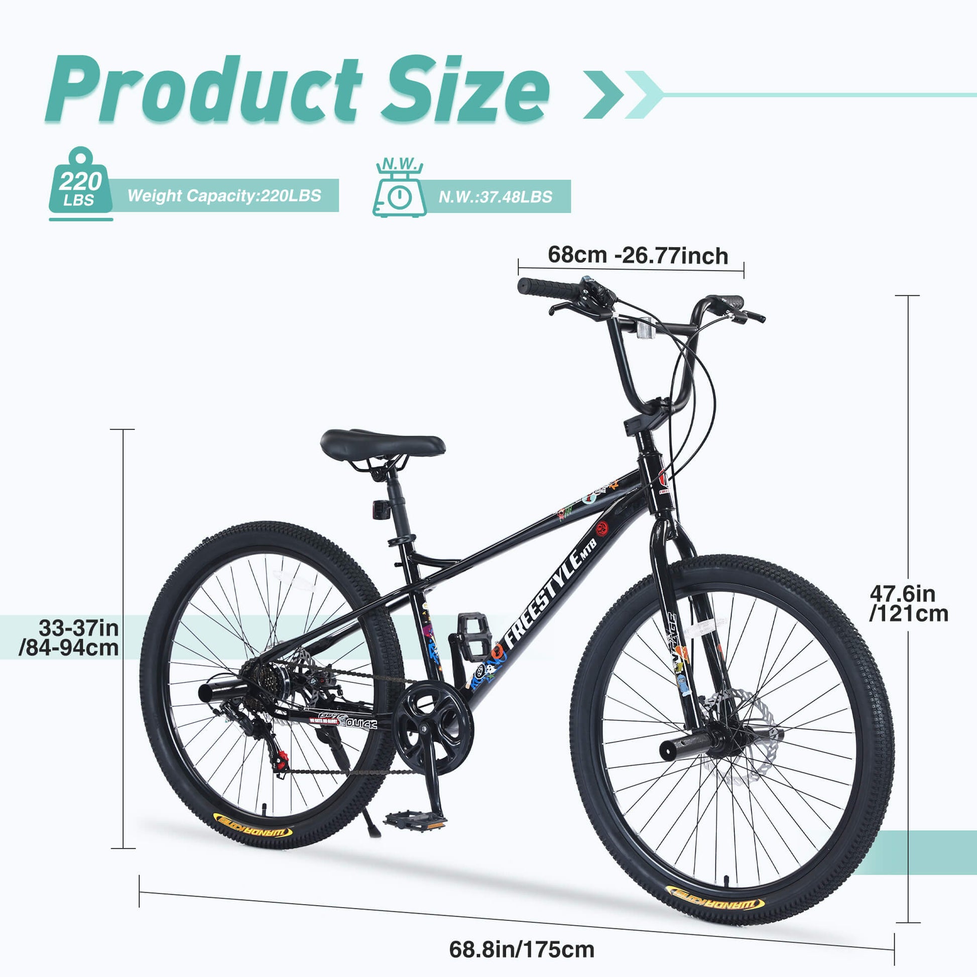 Product Size Rock-Rod 26"×2.35” Mountain Bike For Child/Youth - Hycline