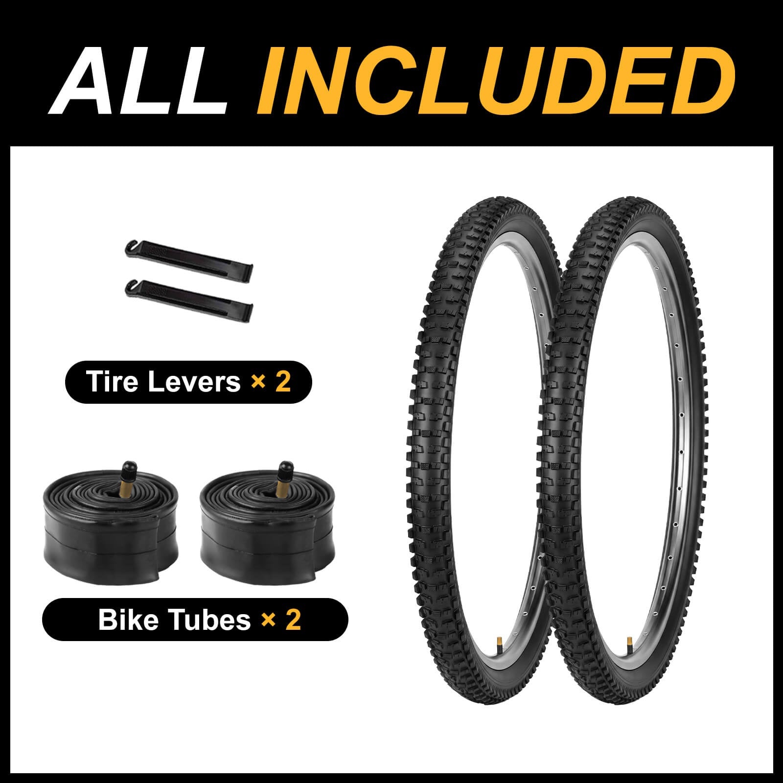 What items in Hycline tire set package: 2*Bike tires, 2*tire levers, and 2*bike tubes