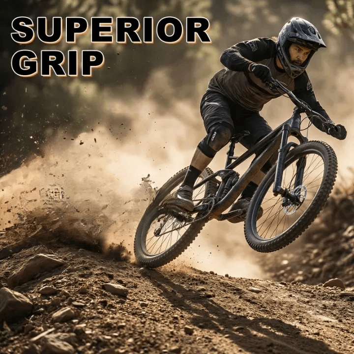 Biker in action on a dirt trail with 'Superior Grip' 