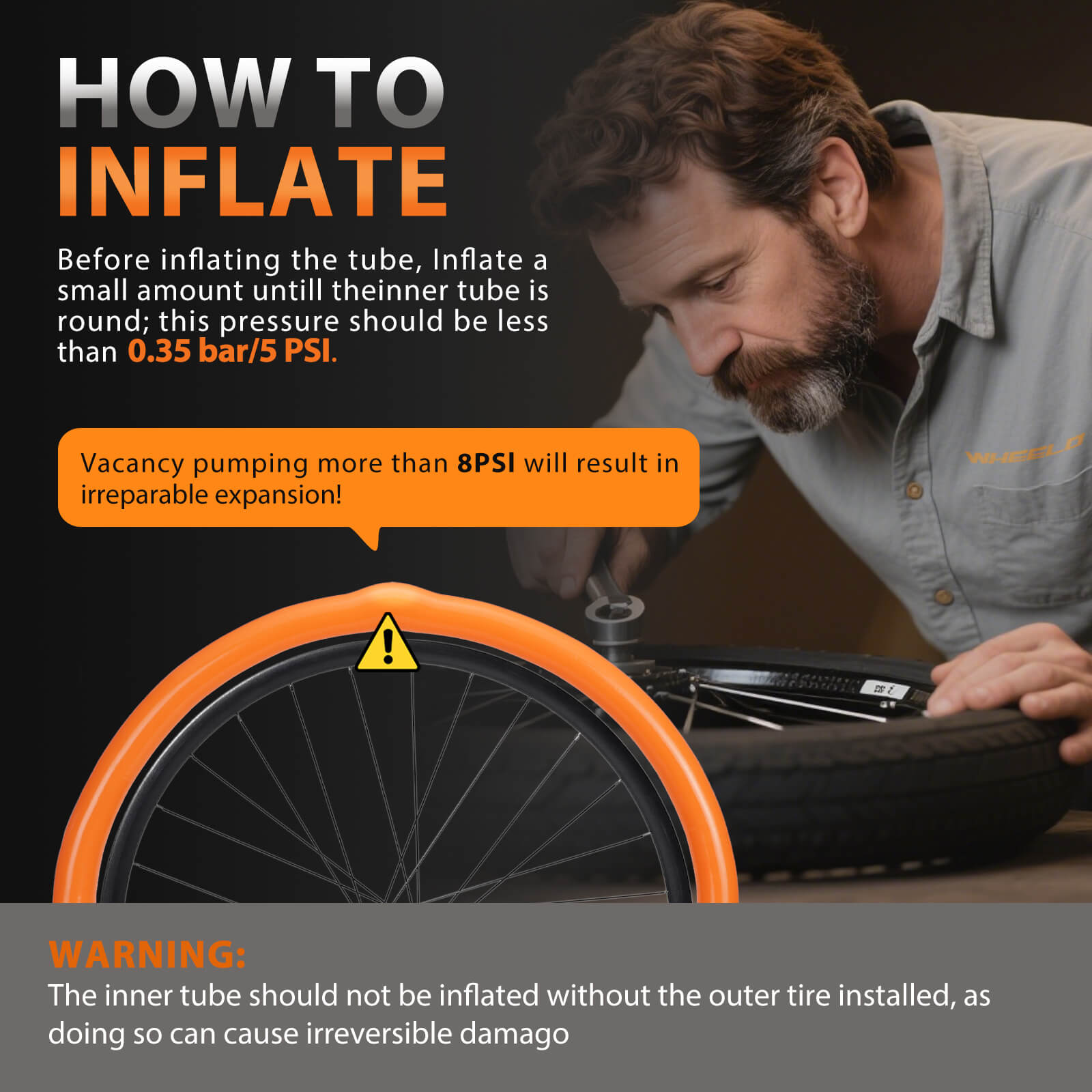 Man inflating a bicycle tire with text on how to inflate safely.