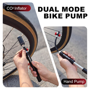 Dual mode bike pump with CO2 inflator and hand pump functions, used to inflate a bicycle tire.