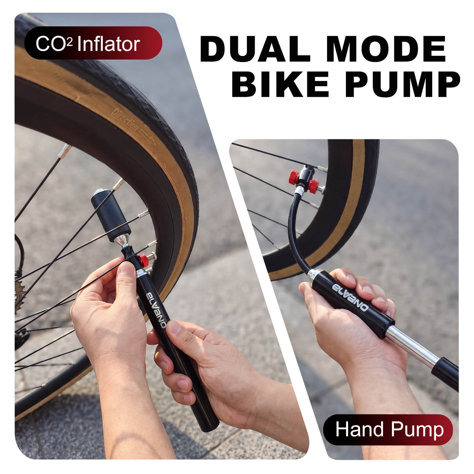 Dual mode bike pump with CO2 inflator and hand pump functions, used to inflate a bicycle tire.