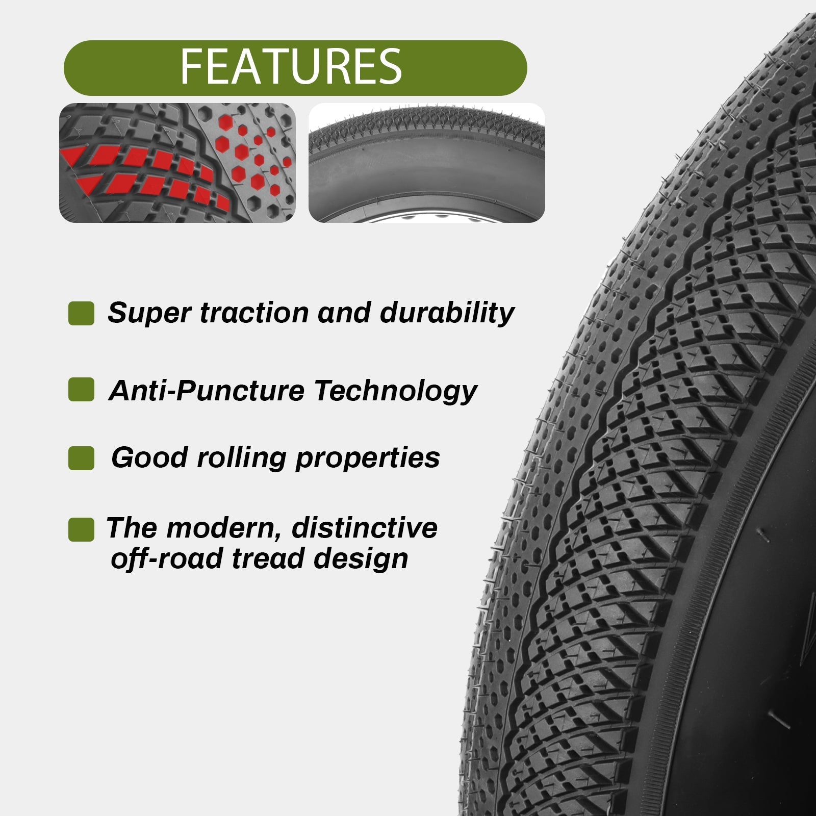 Hycline E-Bike Fat Tire - 20/24/26×4.0 Inch  Tire Tread Product Feature