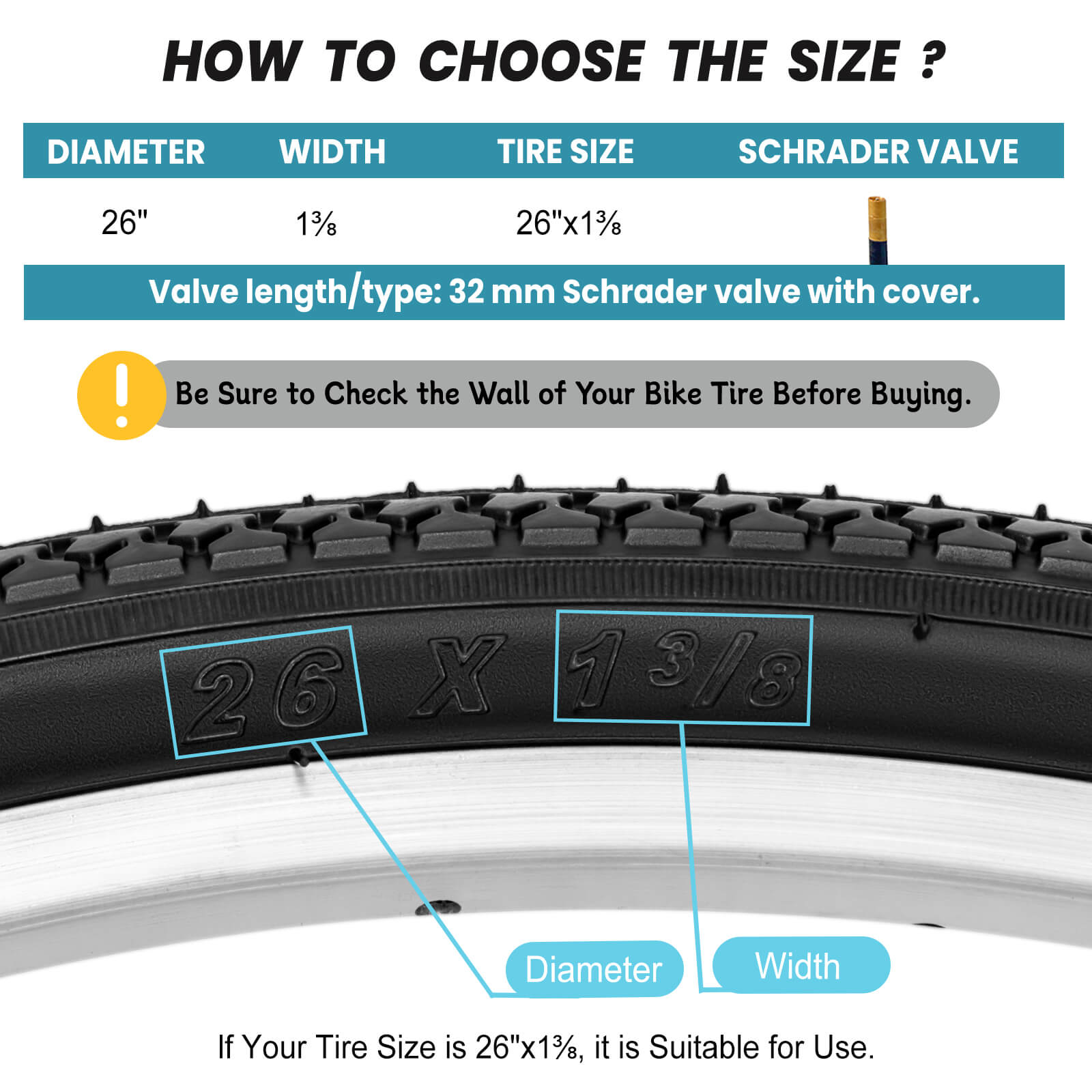 Hycline tells you how to Identify the 26 1 3/8 bike tire on the side of the tire sidewall