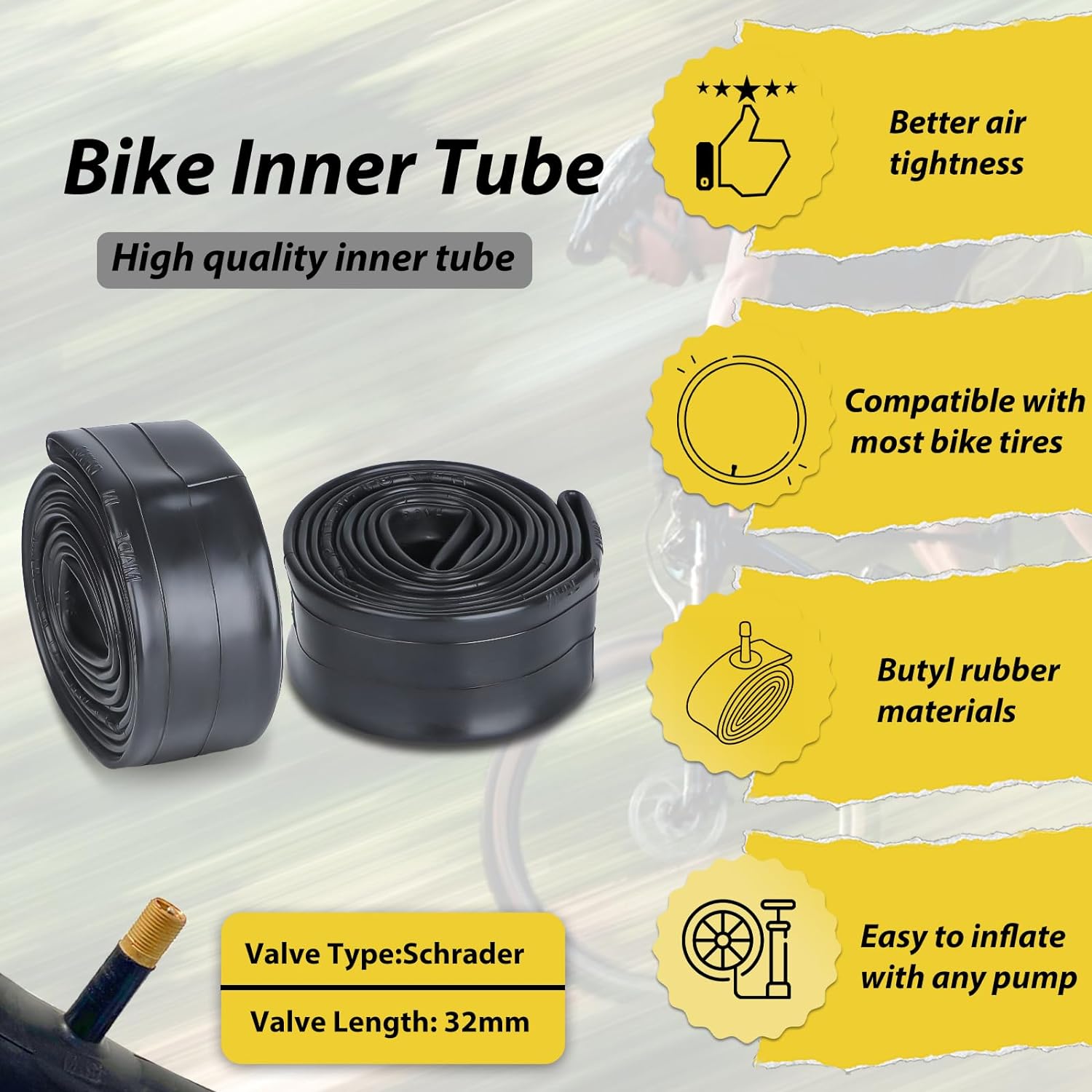 Hycline 2-Packed Bike Inner Tubes Set - 20“/24”/26"/27.5“/29” matching AV 32mm Schrader Valve