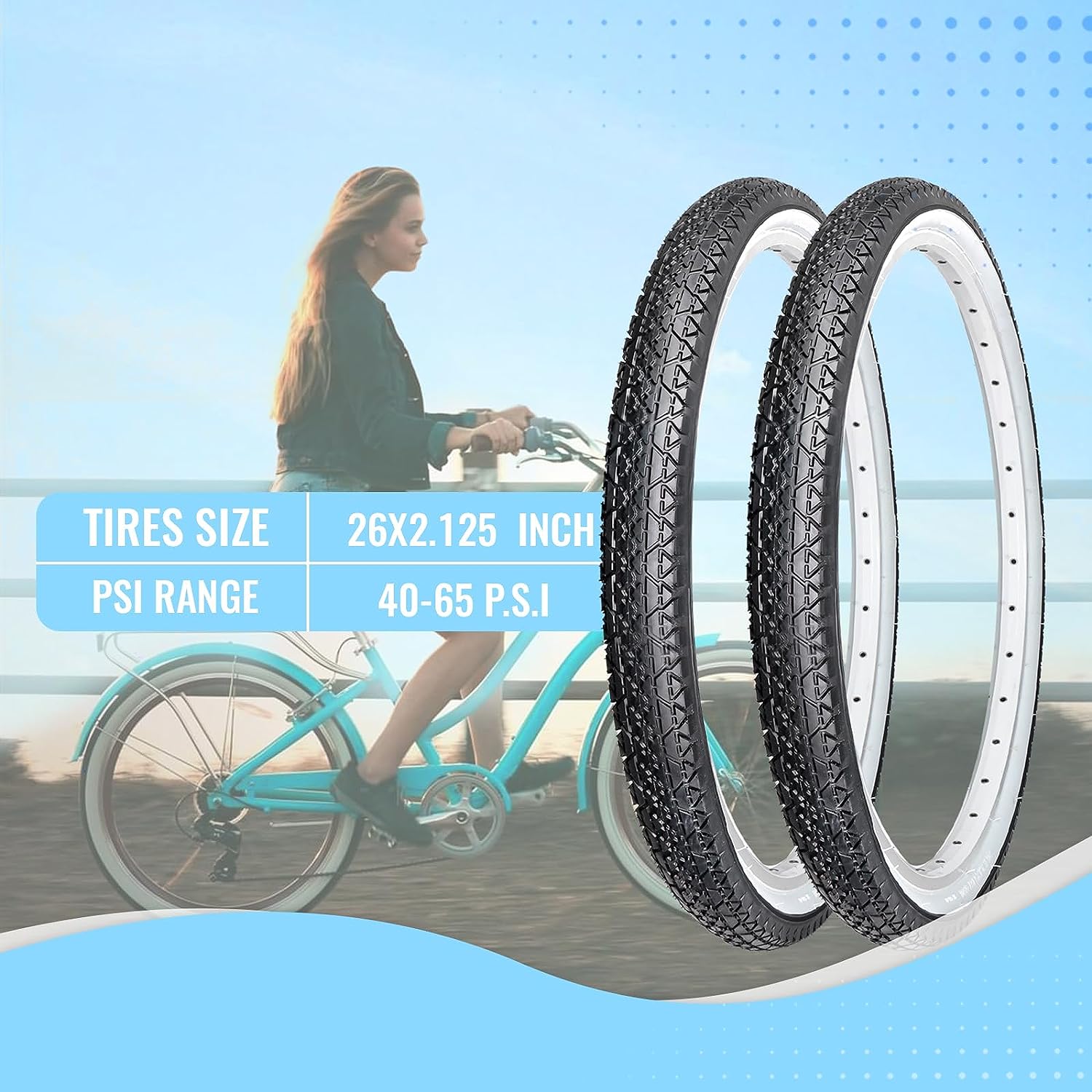 Beach Cruiser Tire Diamond Tread White Wall 26"x 2.125" width tire