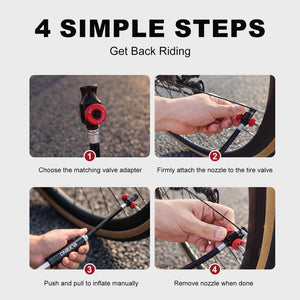 Step-by-step guide on how to inflate a bicycle tire with a valve adapter.