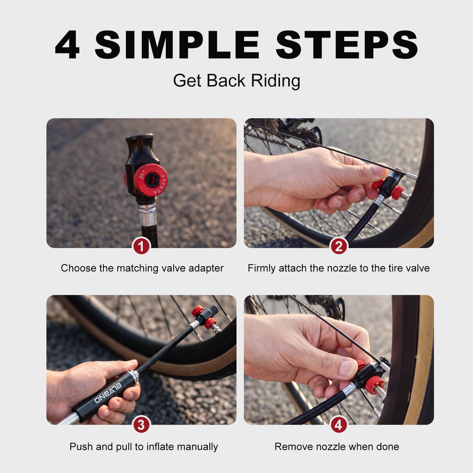 Step-by-step guide on how to inflate a bicycle tire with a valve adapter.