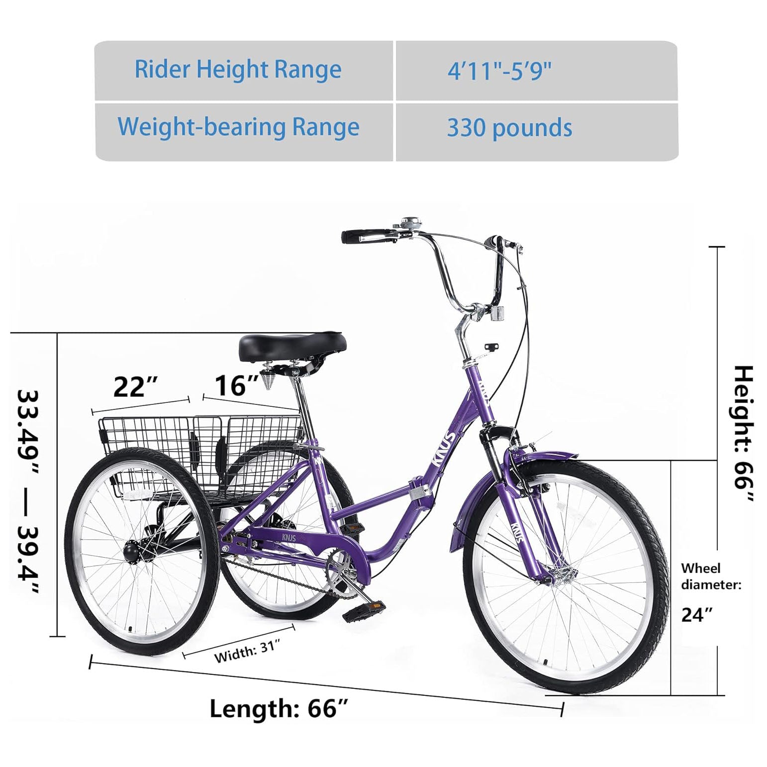 Knus 24" Foldable Single-Speed Tricycle size