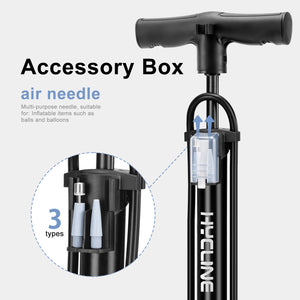 Hycline The Column Bike 160 PSI Gauge Pump, Black air pump with accessory box labeled 'Accessory Box' 