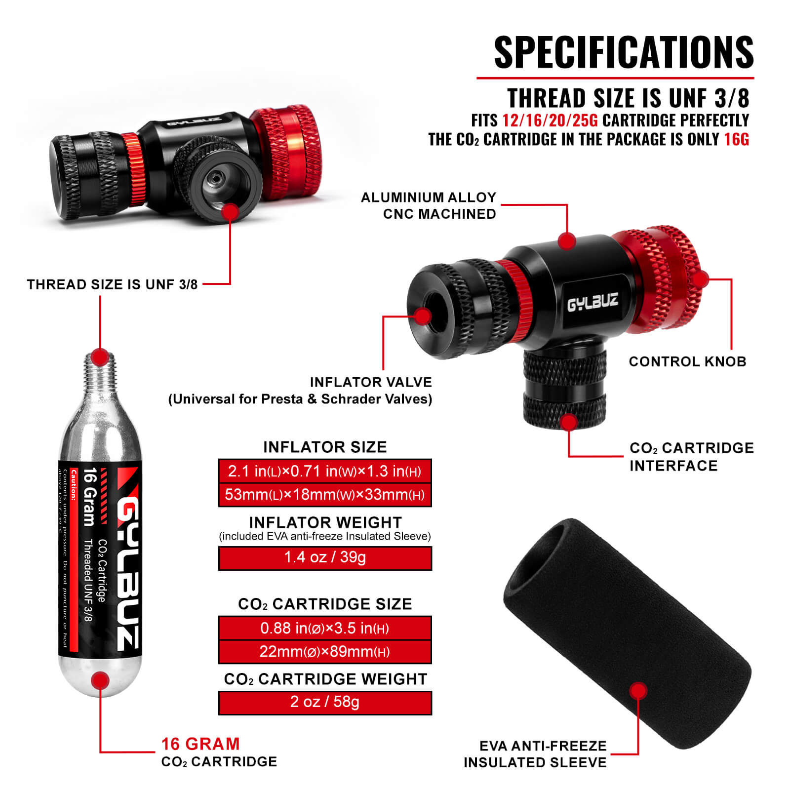 CO2 Inflator Set (with 6×16g Cartridges)