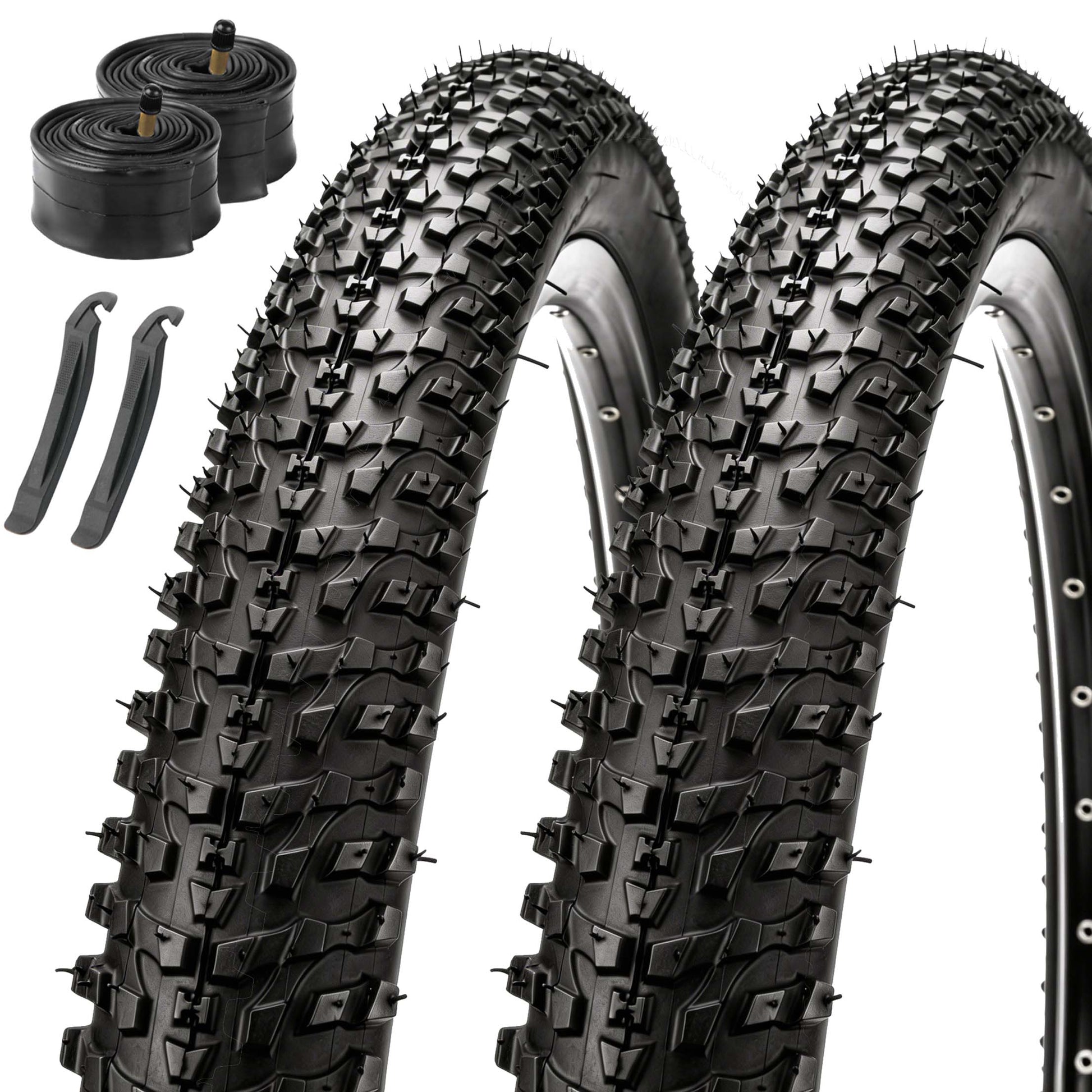 Two black knobby mountain bike tires shown upright with a black inner tube and two black valve stems on a plain white background.