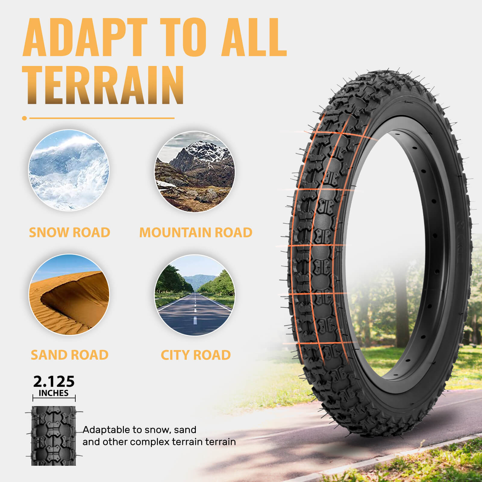 Bowlite 12.5"/14"/16"/20"×2.125 Childs Bike Tire Suitable Terrains and Adaption