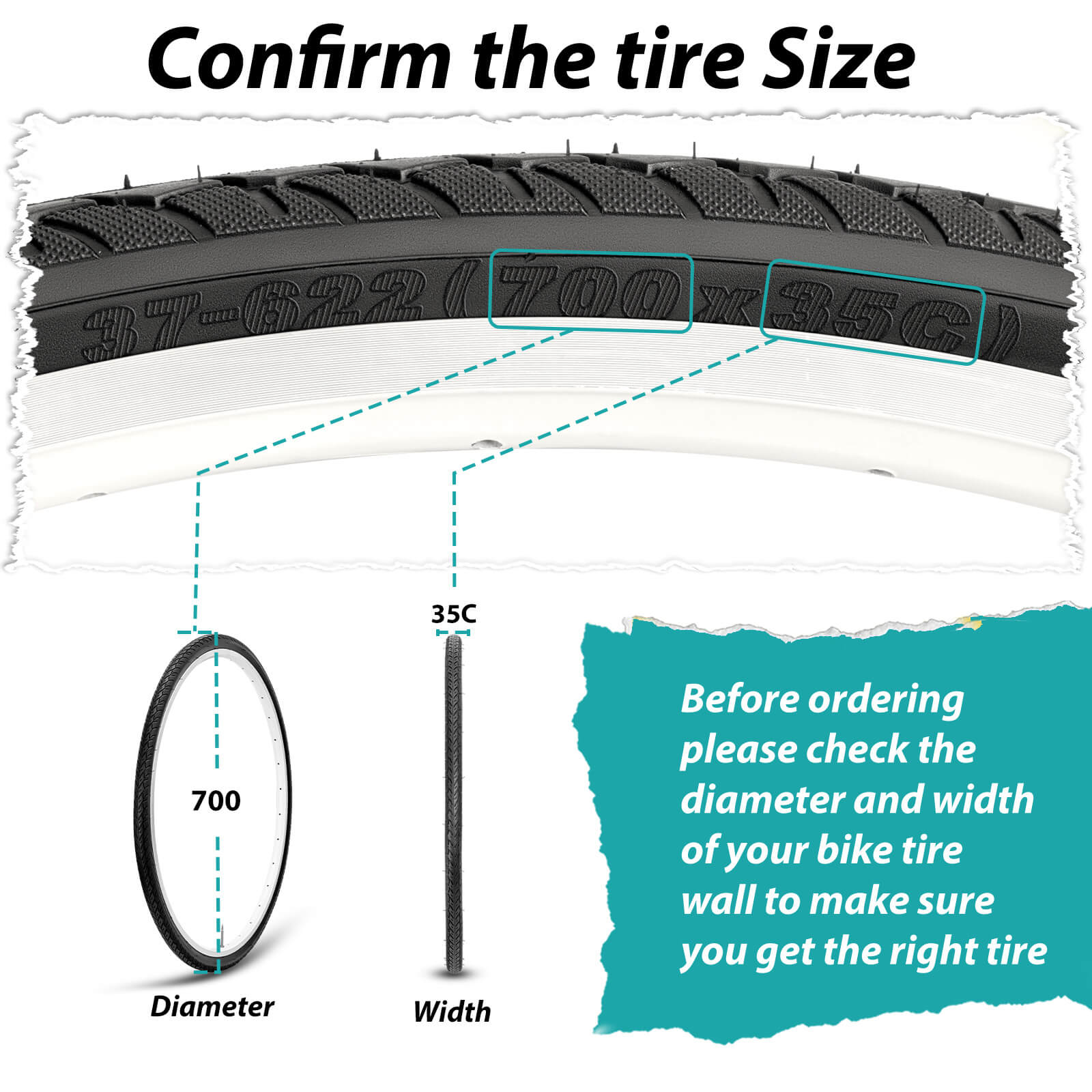 Hycline 700x35C bike tire diameter and size chart