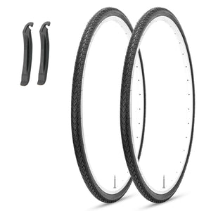 Two Pack 700×35C (35-622) Folding Road Bike Tire Replacement with tire levers, 75 PSI High-dense Puncture Guard All-Terrain, For Road Races, Commutes and City Tours