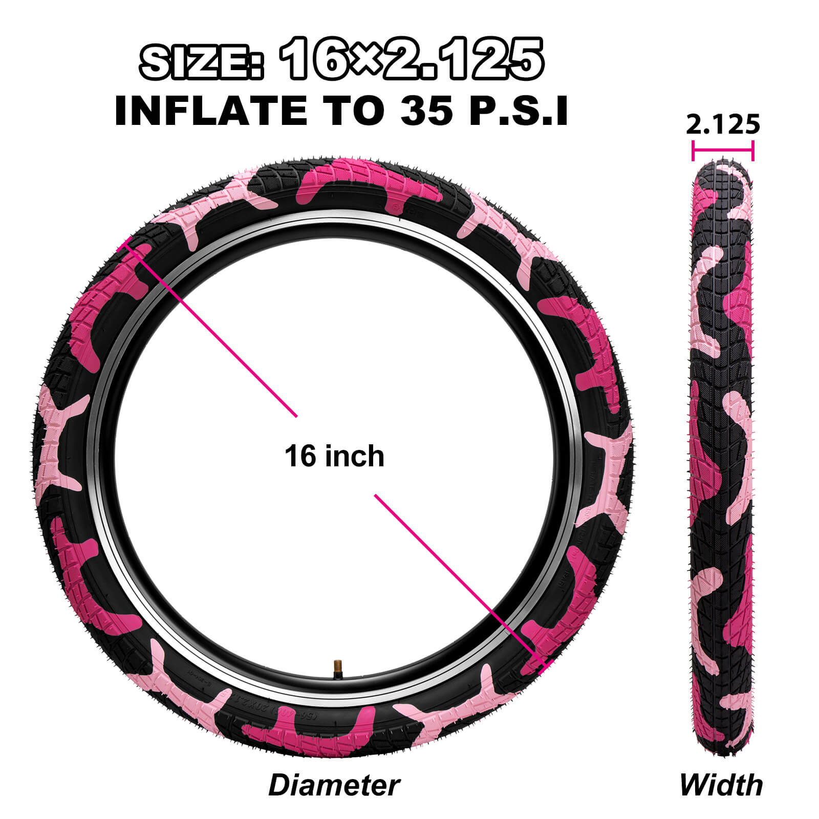 Size of Hycline Colorwonder kid bike tire - Pink 16x2.125 35 PSI