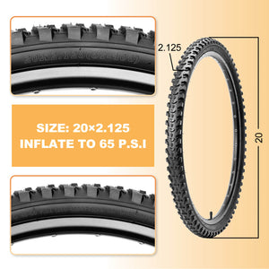 Size specification graphic for mountain bike tire, tire for mountain bike 20×2.125 inch, sidewall print and recommended 65 PSI inflation pressure