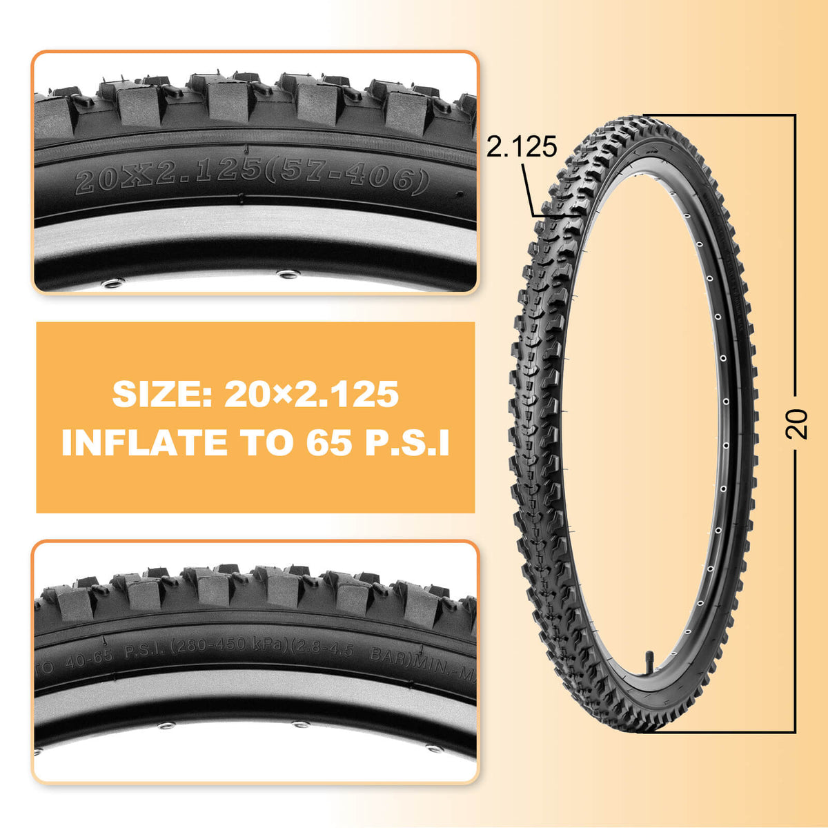 Size specification graphic for mountain bike tire, tire for mountain bike 20×2.125 inch, sidewall print and recommended 65 PSI inflation pressure