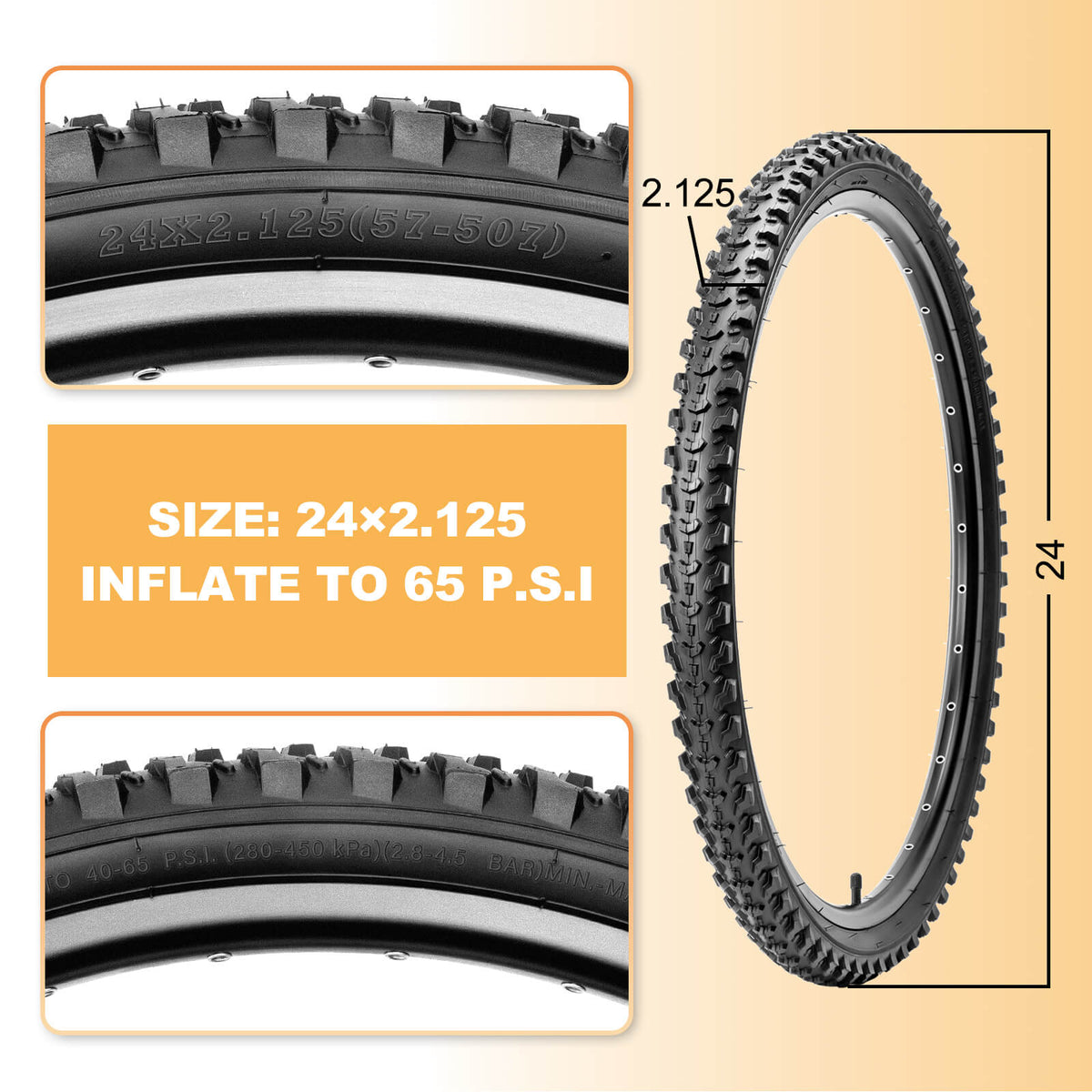 Hycline Detur 24x2.125 mountain bike tire dimension infographic, tire for mountain bike displays sidewall markings and recommended inflation pressure of 65 PSI