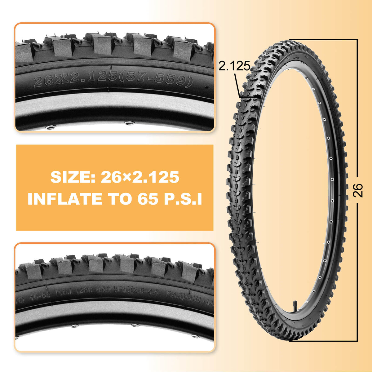 26x2.125 mountain bike tire dimension infographic, tire for mountain bike shows sidewall markings and recommended inflation air pressure of 65 PSI