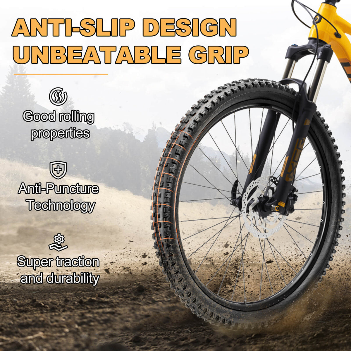 Hycline 26 inch Mountain bike tire anti‑slip design infographic, tire for mountain bike demonstrates excellent grip, anti‑puncture tech, good rolling performance and high durability for off‑road mountain biking