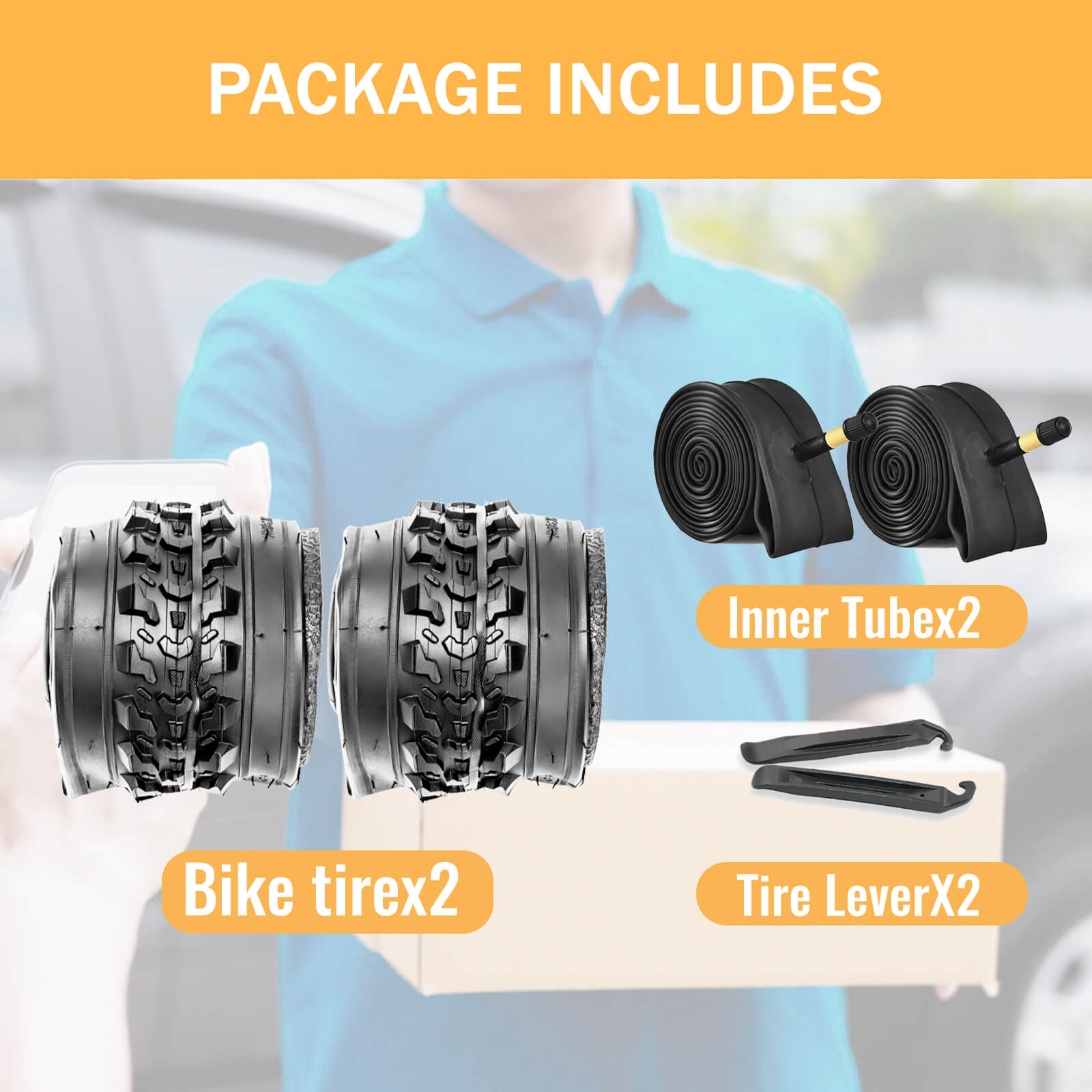 Package contents including bike tires, inner tubes, and tire levers displayed against a blurred background.