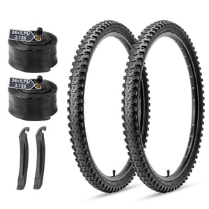 Hycline Mountain Bike Tires Set: 2-Pack 24x2.125 Inch Folding Replacement High-Density MTB Bicycle Tires and Inner Tubes with Tire Levers Compatible for Street & Off-Road Riding