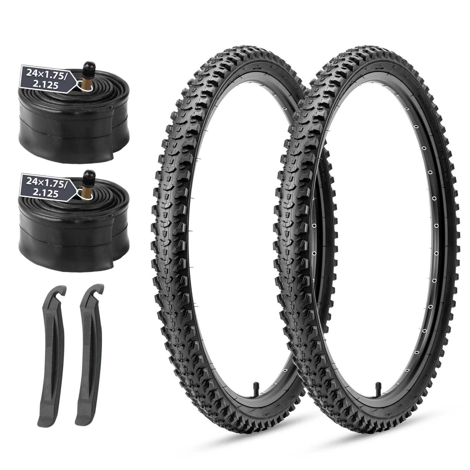 Hycline Mountain Bike Tires Set: 2-Pack 24x2.125 Inch Folding Replacement High-Density MTB Bicycle Tires and Inner Tubes with Tire Levers Compatible for Street & Off-Road Riding