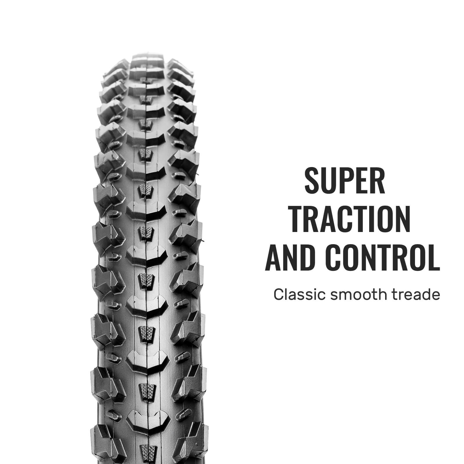 Hycline 20/24/26x2.125 Mountain Bike Tires Set, Tire with tread pattern and text 'Super Traction and Control'.