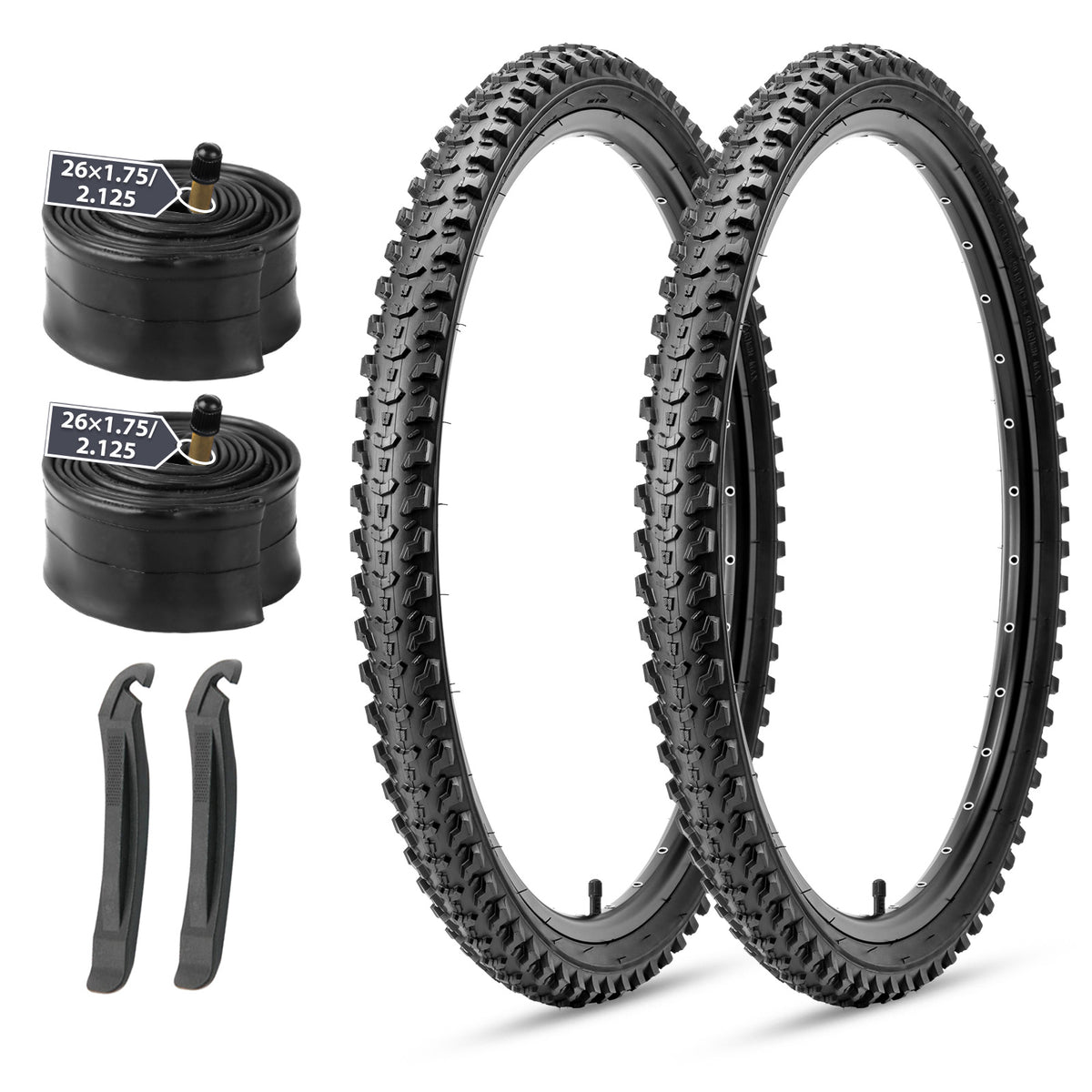 Hycline 2-Pack 26 inch mountain bike tires and inner tubes set, tire for mountain bike with 2 outer tires, 2 inner tubes 26x1.75‑2.125 and 2 tire levers, complete mountain bicycle replacement tire kit