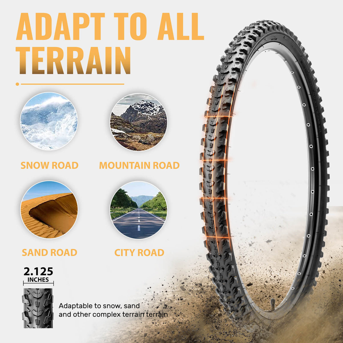 All‑terrain mountain bike tire for sale at Hycline Bike Tire Shop, tire for mountain bike fits 2.125 inch, works on snow, sand, mountain and city roads for versatile off‑road riding