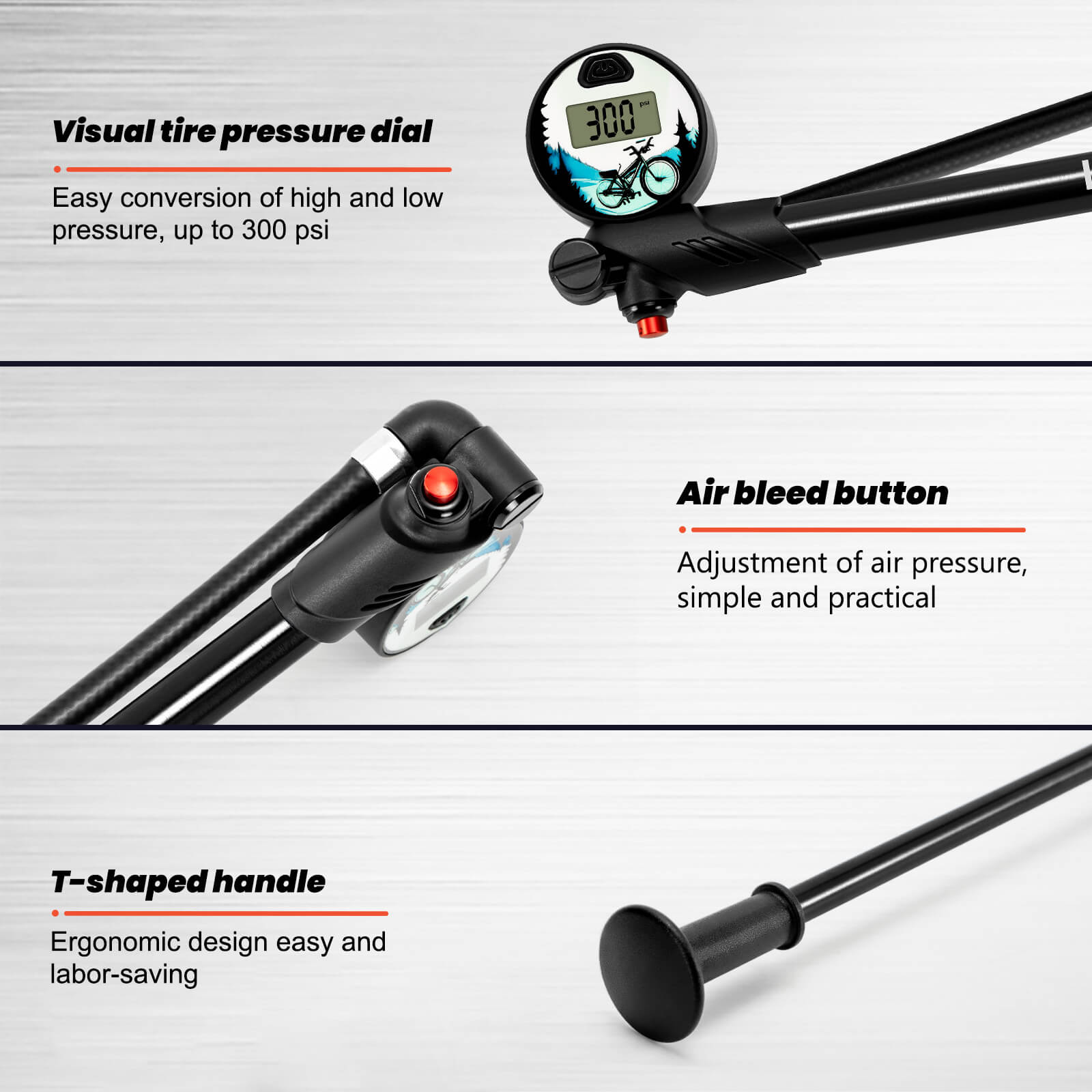 Bicycle tire inflator with digital pressure gauge, details of the shock pump parts