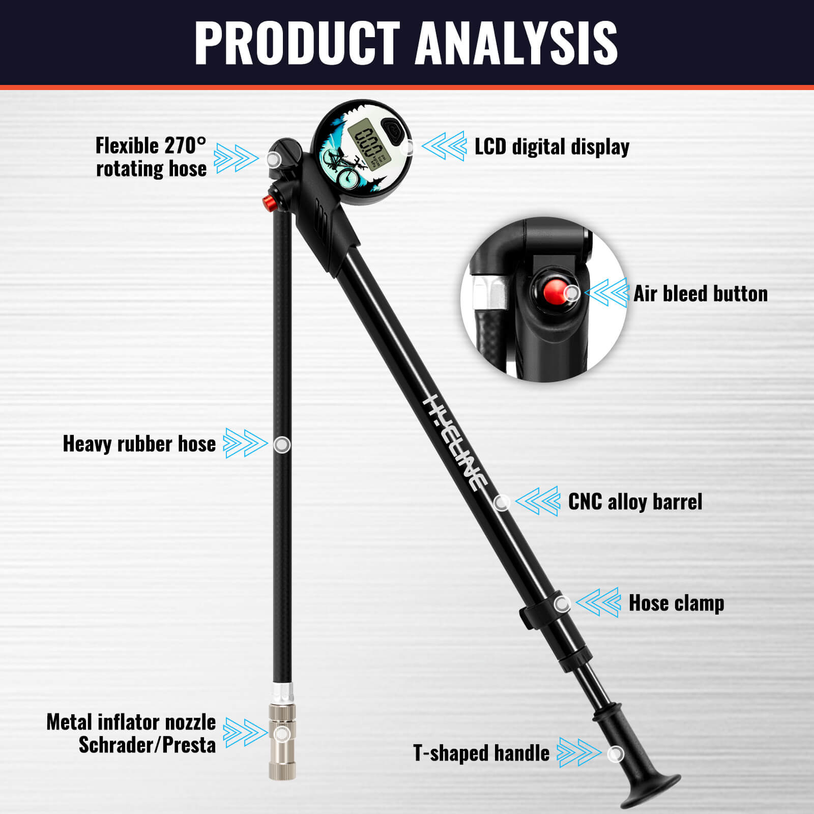 Hycline Digi300 Shock Pump with highlighted features 