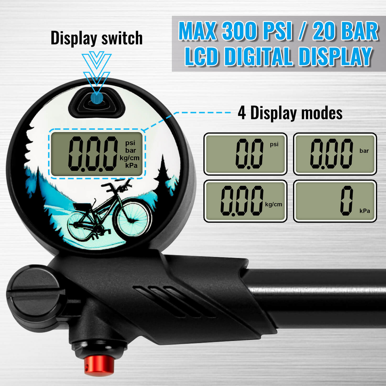Hycline 300 PSI Digital Shock Pump for Front Fork and Rear Bicycle Suspension
 - Digital display