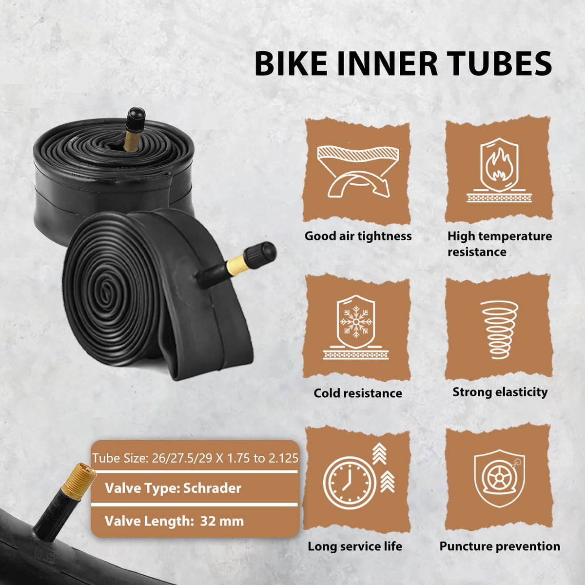 bike inner tubes infographic, Schrader valve 32mm, good air tightness temperature resistance elasticity puncture‑proof MTB inner tube