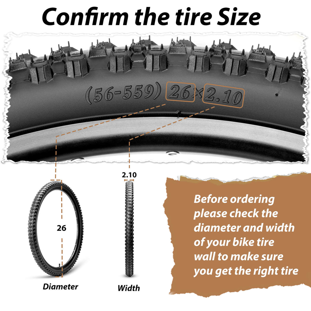 Hycline 26 inch mountain bike tire size confirmation guide, read tire sidewall marking 26x2.10 diameter and width for correct MTB tire fit