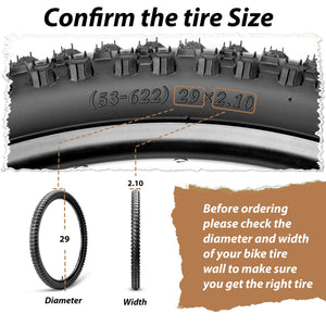 Hycline Ruyi 29 inch mountain bike tire size confirmation guide, read tire sidewall marking 29x2.10 diameter and width for correct MTB tire fit