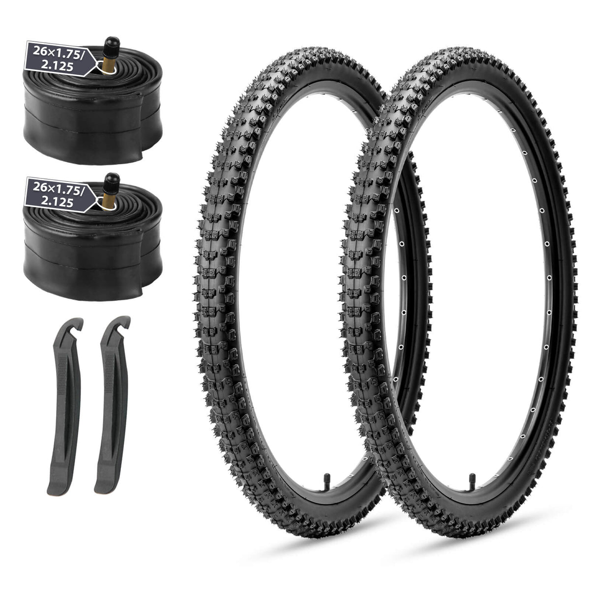Hycline Ruyi -  26" × 2.1" mountain bike tire with tube replacement kits, Folding Replacement All-Terrain High-Density Bicycle Tires with Pair Tubes & Tire Levers Compatible for Street Off-Road Riding