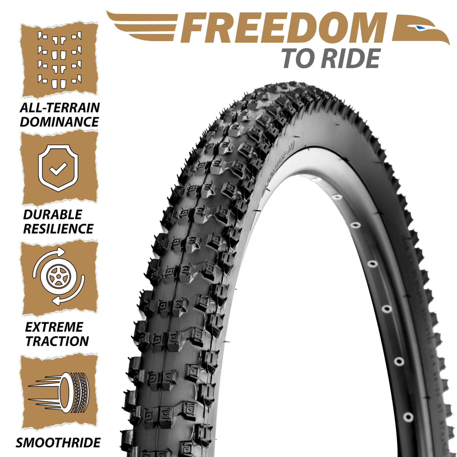 Hycline Ruyi -  26/27.5/29" × 2.1" mountain bike tire, Mountain Bike Tire feature graphic, all‑terrain dominance durable resilience extreme traction smooth ride MTB tyre
