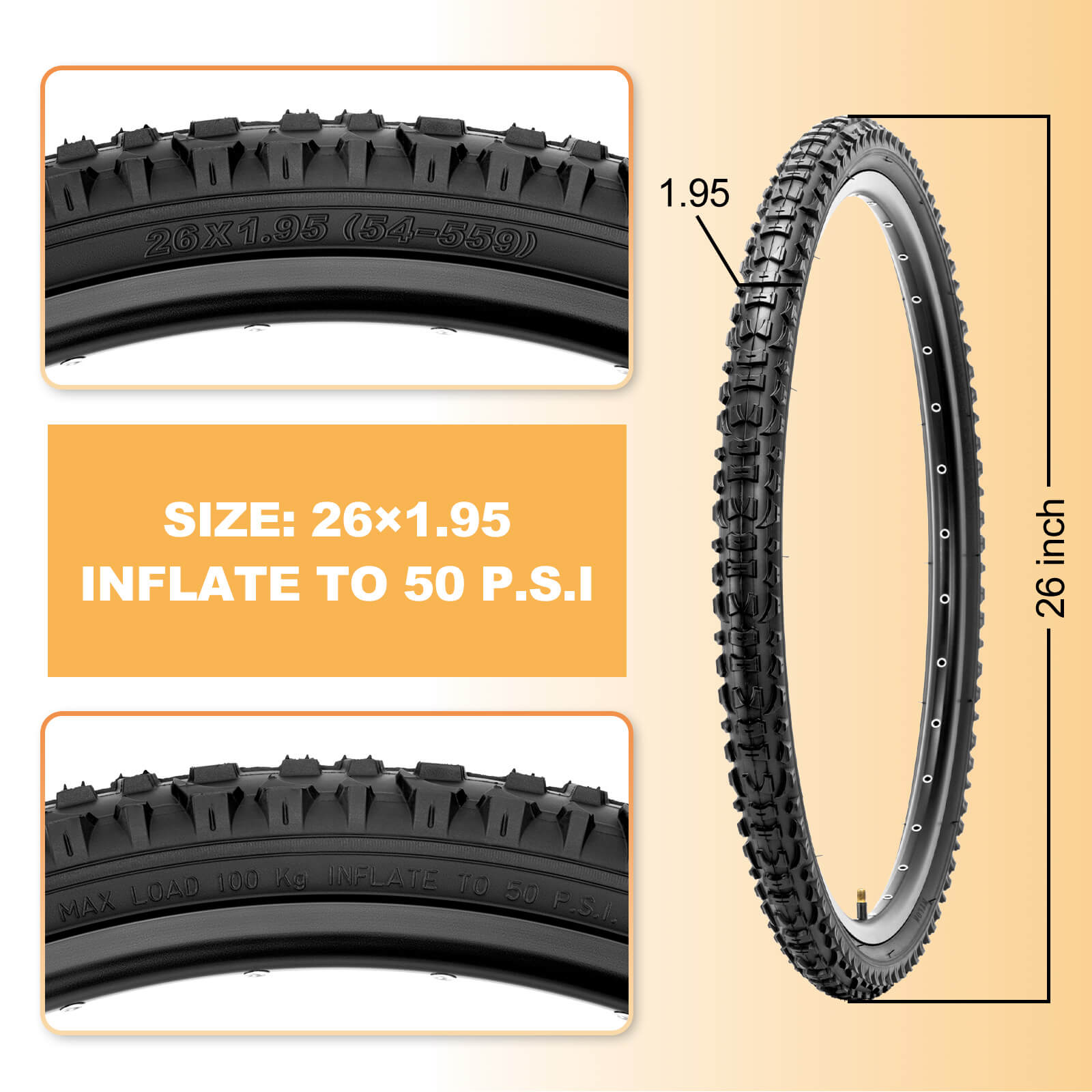 Inflation 50 PSI and size chart Hycline Terrclaw Mountain Bike Tire - 26" × 1.95"