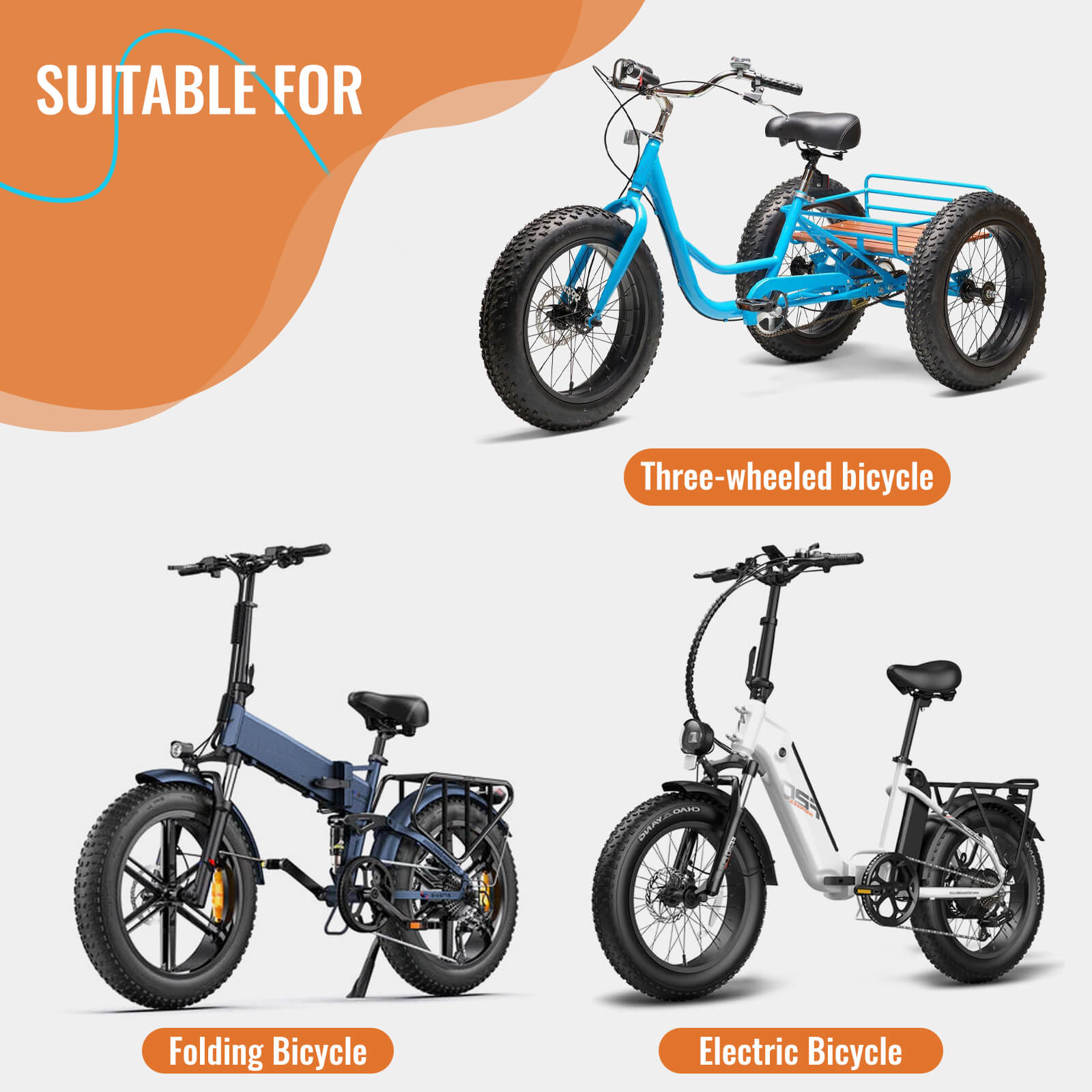 Three types of bicycles: a three-wheeled bicycle, folding bicycle, and electric bicycle, on a white background with orange labels.