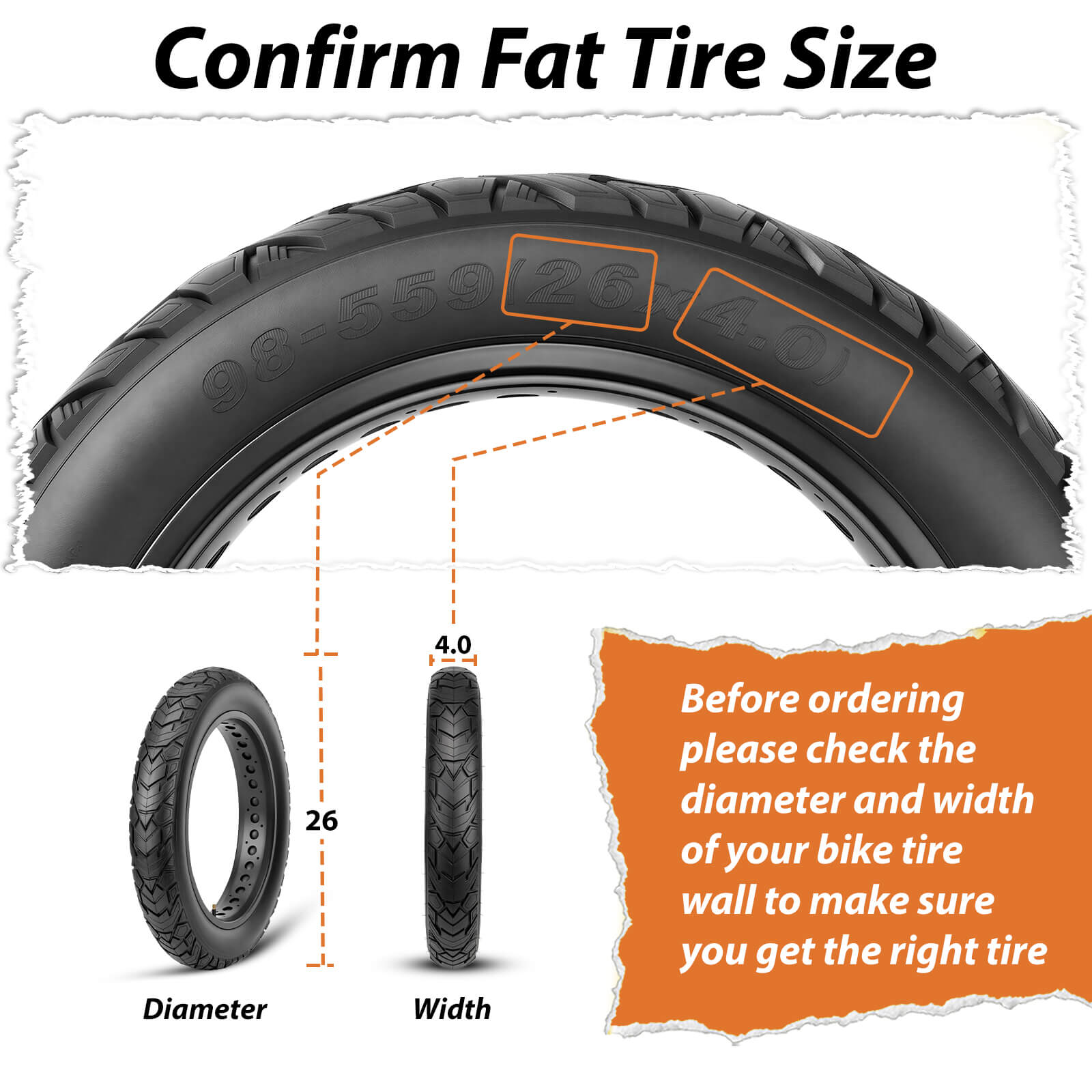 Hycline 26x4.0 inches Fat Bicycle tire with size information and dimensions