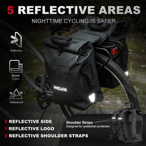 Black bicycle pannier bag shown on a bicycle in a dark outdoor setting, with text highlighting 5 reflective areas and features like reflection, bound edges, waterproofing, and shoulder straps. A small inset shows the bag with illuminated reflective details.