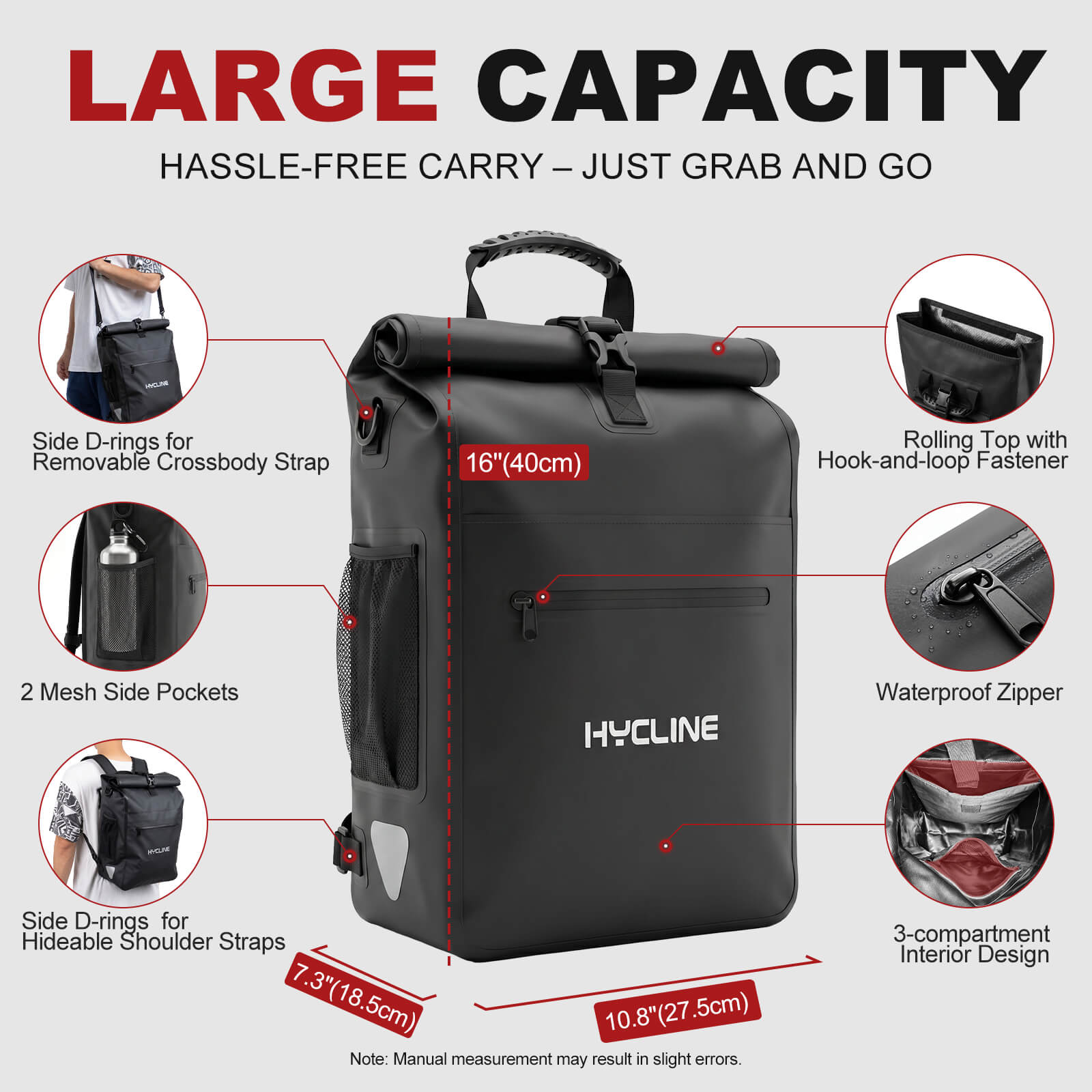 Black Hycline waterproof roll-top backpack shown on a light gray background with callout labels and measurements highlighting its large capacity, side pockets, shoulder straps, and dimensions.