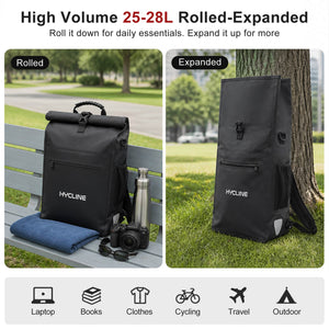 A promotional product graphic for a black HYCLINE 25-28L rolled backpack shown in two side-by-side outdoor views labeled 'Rolled' and 'Expanded.' The left panel shows the backpack rolled on a bench with a towel, camera, and water bottle beside it; the right panel shows it expanded leaning against a tree on grass.